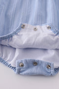 Premium blue bubble romper with charming cross embroidery, perfect for special occasions.
