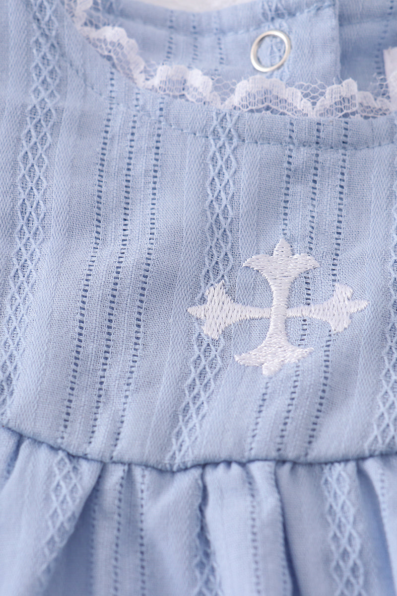 Premium blue bubble romper with charming cross embroidery, perfect for special occasions.