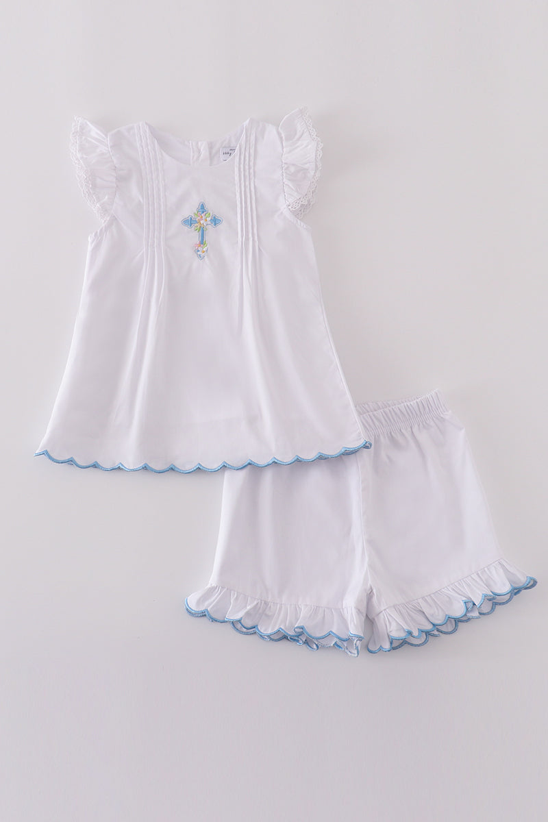 Cozy children's sweater with colorful cross embroidery, perfect for playful outings.