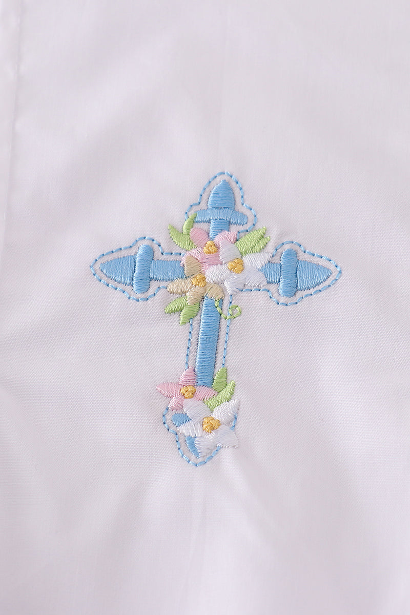 Cozy children's sweater with colorful cross embroidery, perfect for playful outings.