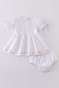 Premium white bloomer set with delicate floral embroidery, perfect for spring outings.