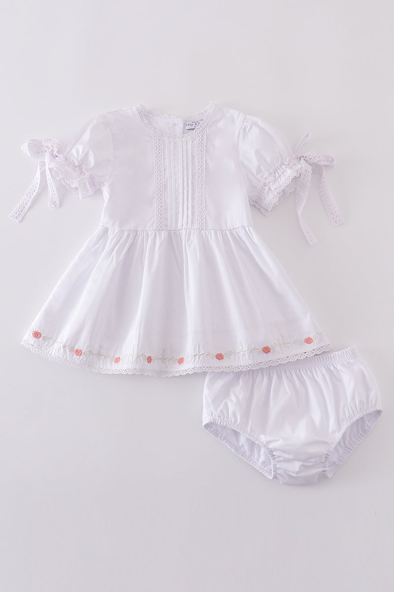 Premium white bloomer set with delicate floral embroidery, perfect for spring outings.