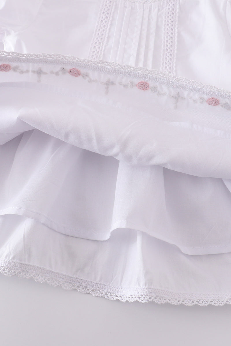Premium white bloomer set with delicate floral embroidery, perfect for spring outings.