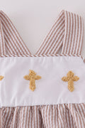 Premium brown bubble romper with charming cross embroidery, perfect for cozy playtime.