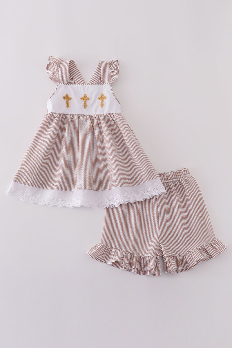 Premium brown cross embroidery set featuring cozy sweatshirt and matching pants for kids.