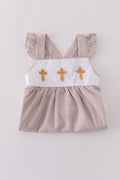 Premium brown cross embroidery set featuring cozy sweatshirt and matching pants for kids.