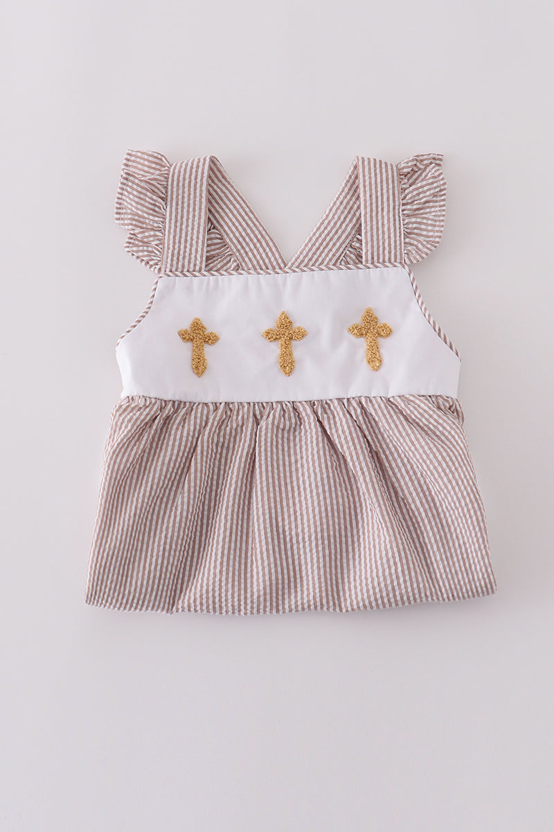 Premium brown cross embroidery set featuring cozy sweatshirt and matching pants for kids.
