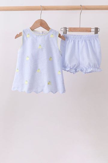 Blue stripe seersucker lemon embroidery scalloped bloomer set