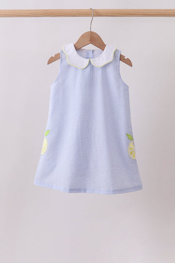 Blue stripe seersucker lemon applique dress