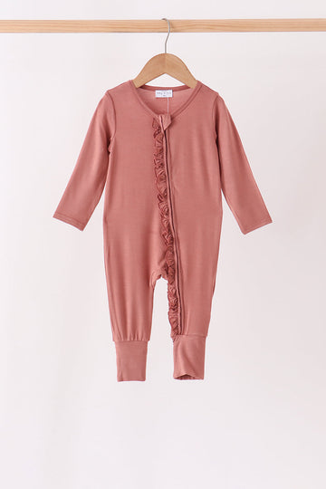 Dusty rose ruffle zipper bamboo anti-slip romper – wholesale for boutiques | Honeydew USA