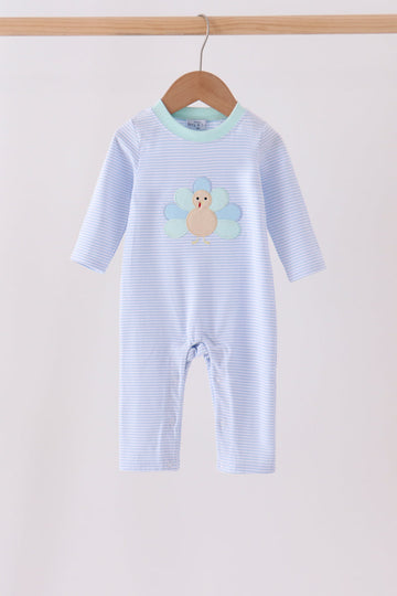 Blue turkey embroidery stripe romper