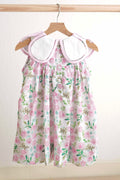 Pink Easter dress with floral embroidery and cross design, perfect for girls.