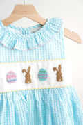 Blue gingham seersucker dress with Easter bunny and egg French knot design.