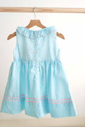 Blue gingham seersucker dress with Easter bunny and egg French knot design.
