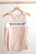 Khaki hand-smocked boy bubble with 