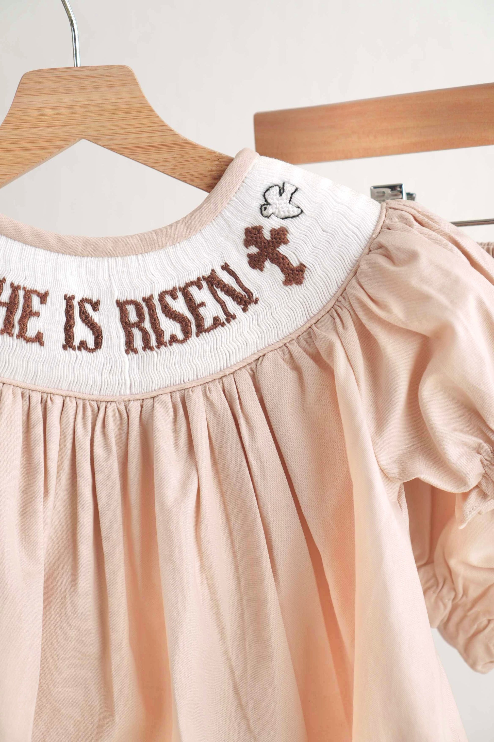 Khaki girl bloomer set with hand-smocked "He is Risen" design, perfect for Easter.