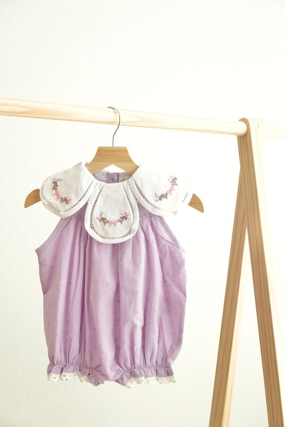 Lavender floral swiss dot bubble with bow embroidery, perfect for spring outings.