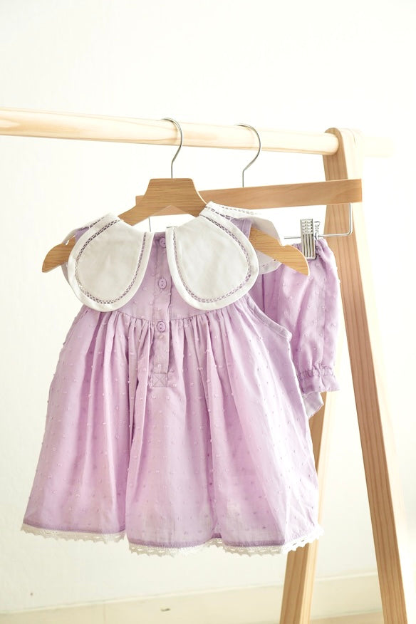 Lavender floral embroidered girl bloomer set with Swiss dots and bow detail.