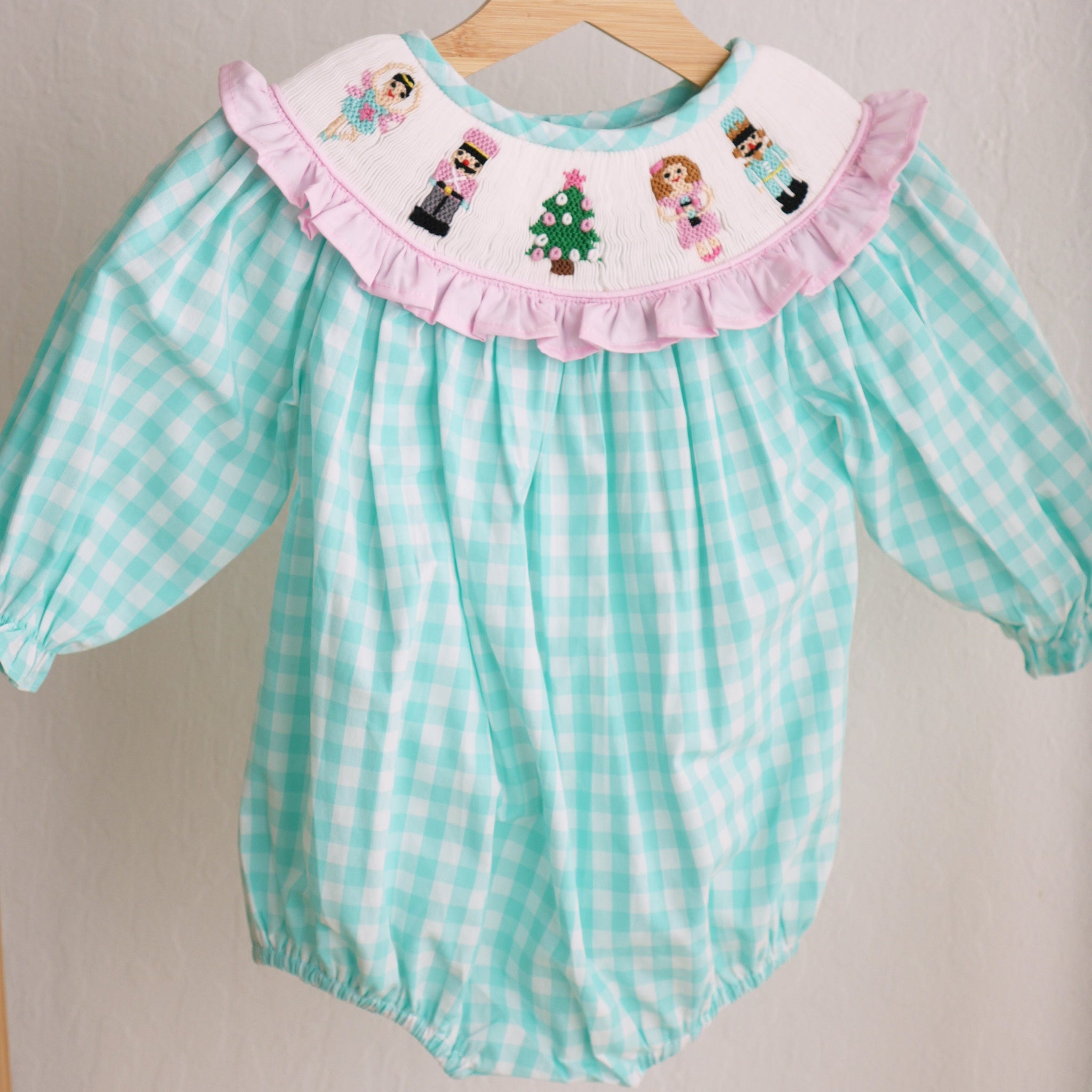 Mint christmas nutcracker hand smocked gingham bubble