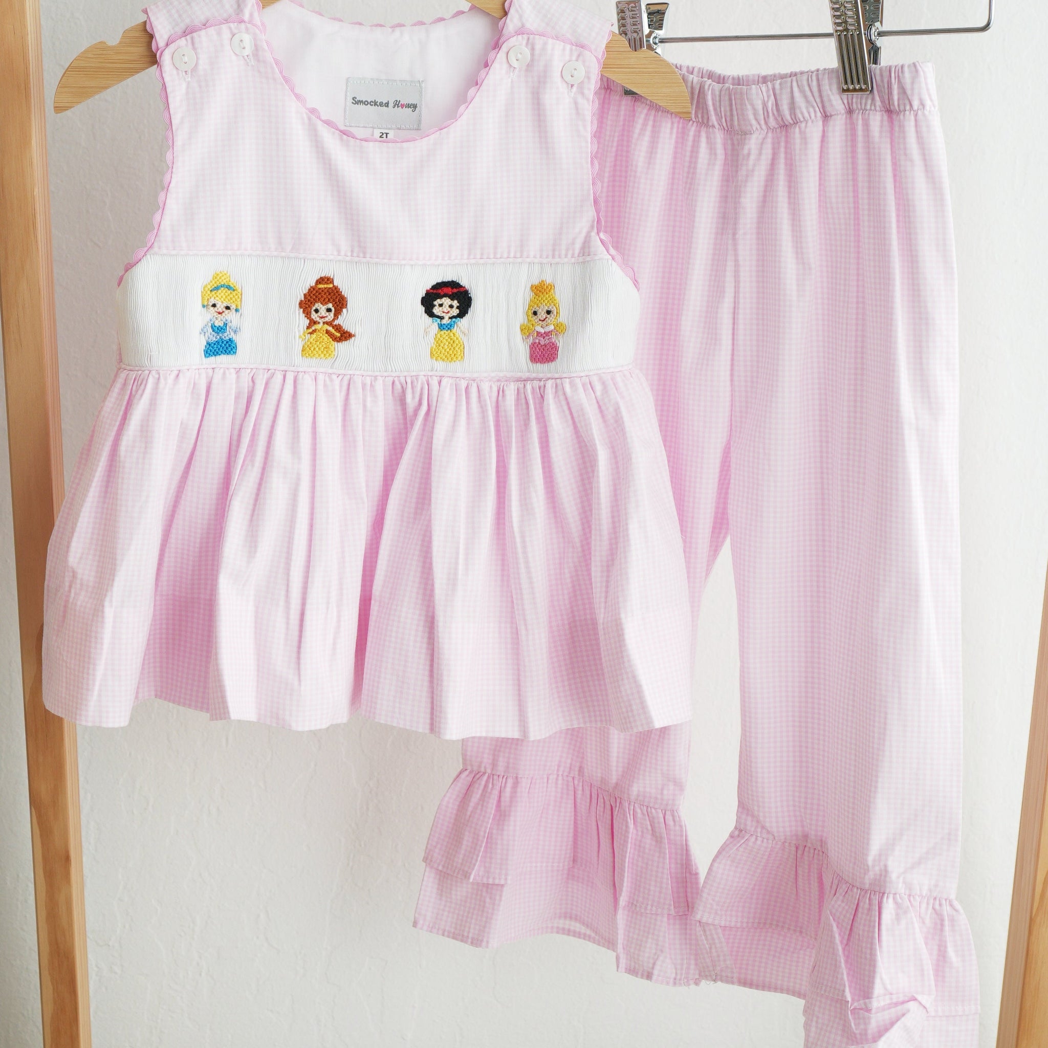 Pink princess hand smocked plaid ruffle pants set