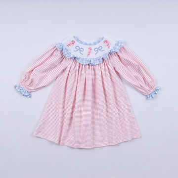 Pink candy cane bow hand smocked ruffle dress