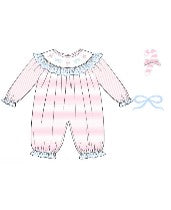 Pink candy cane bow hand smocked ruffle romper