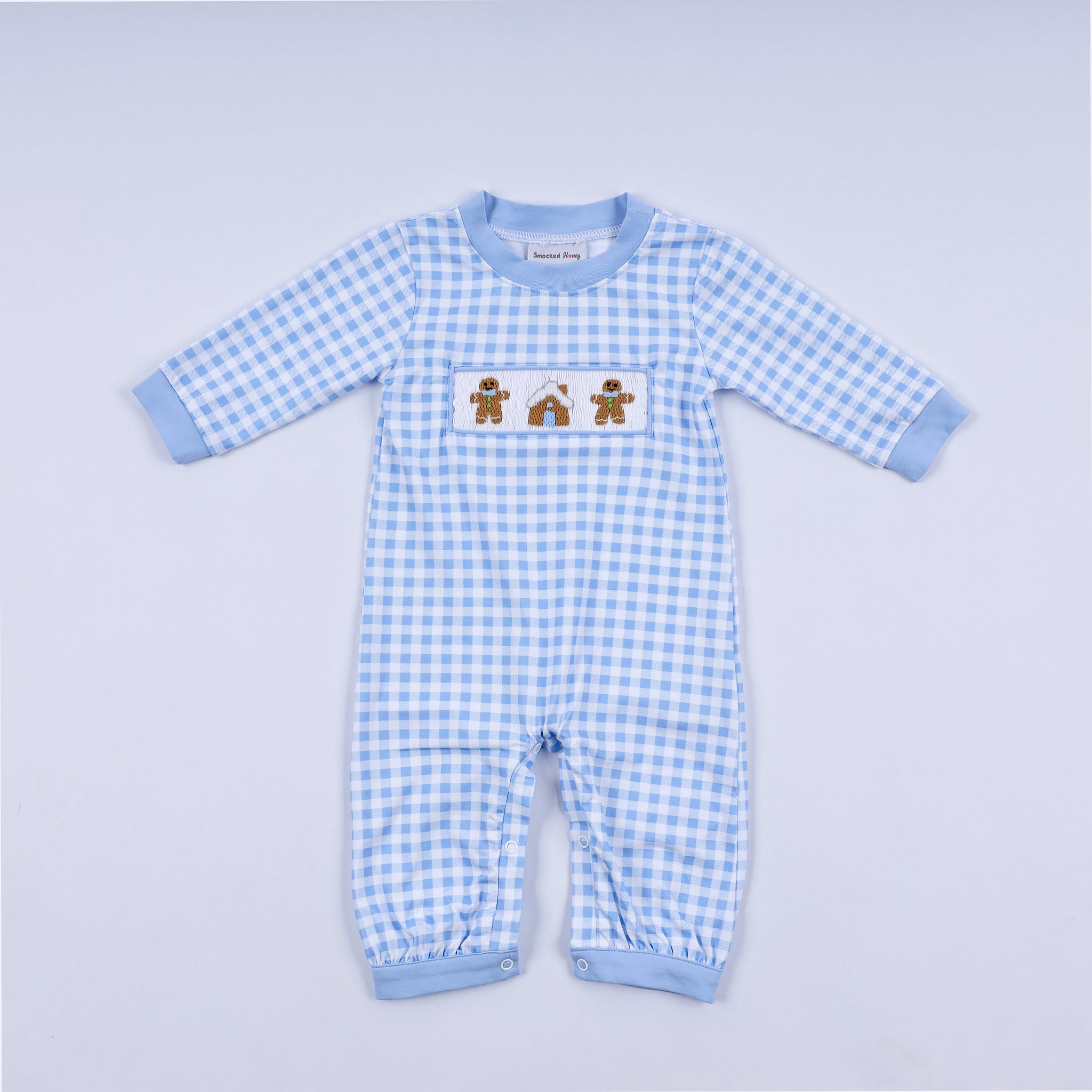 Blue gingerbread hand smocked gingham romper