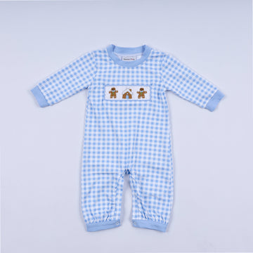 Blue gingerbread hand smocked gingham romper