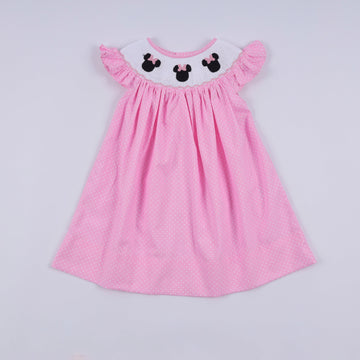 Pink character hand smocked dot ruffle dress