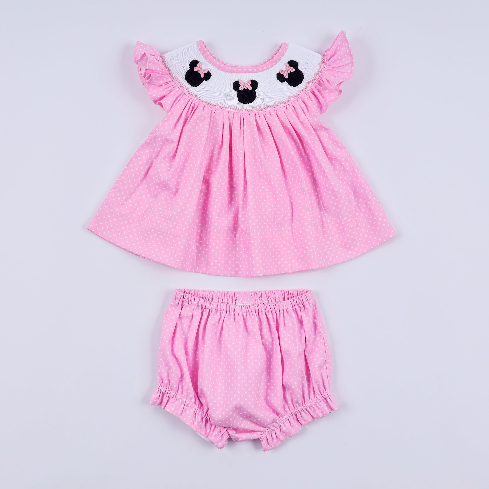Pink character hand smocked dot ruffle bloomer set