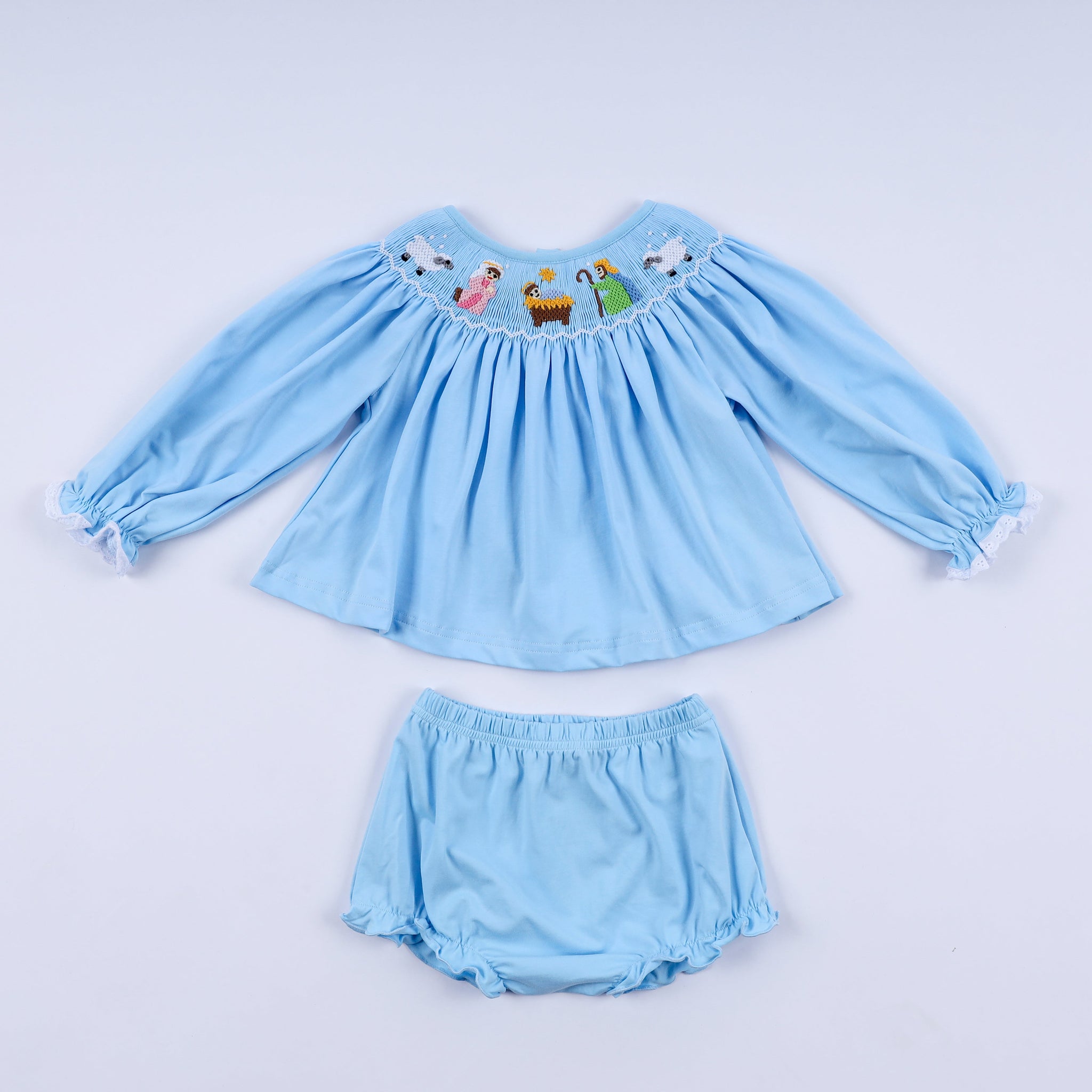 Blue nativity hand smocked bloomer set
