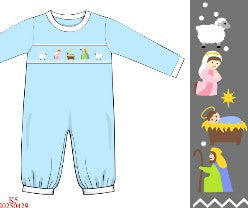 Blue nativity hand smocked romper