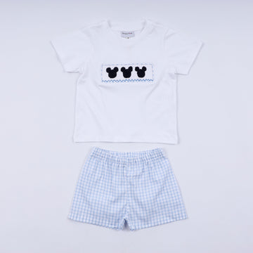 Blue character hand smocked gingham shorts set