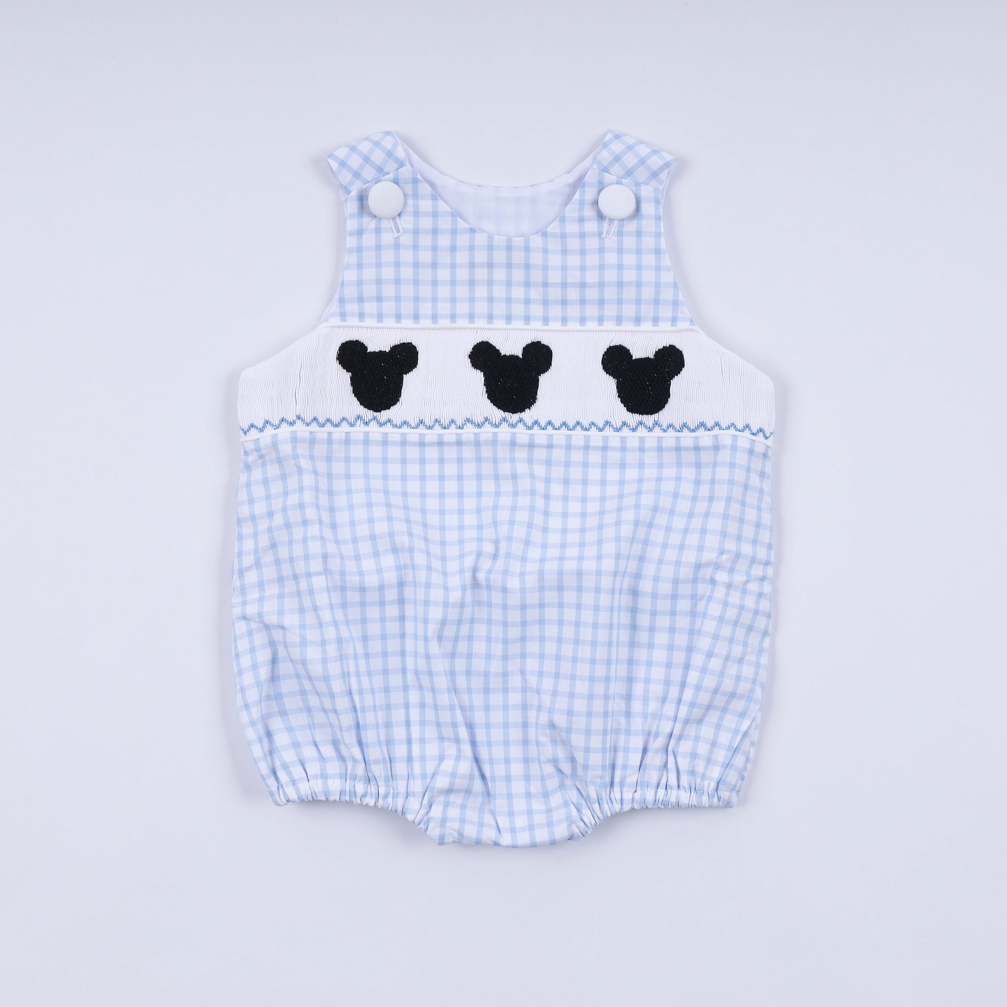 Blue character hand smocked gingham bubble