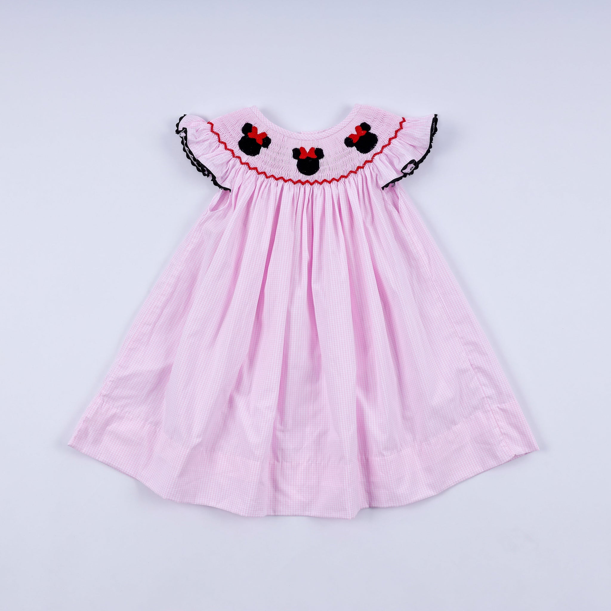 Red character hand smocked plaid ruffle dress