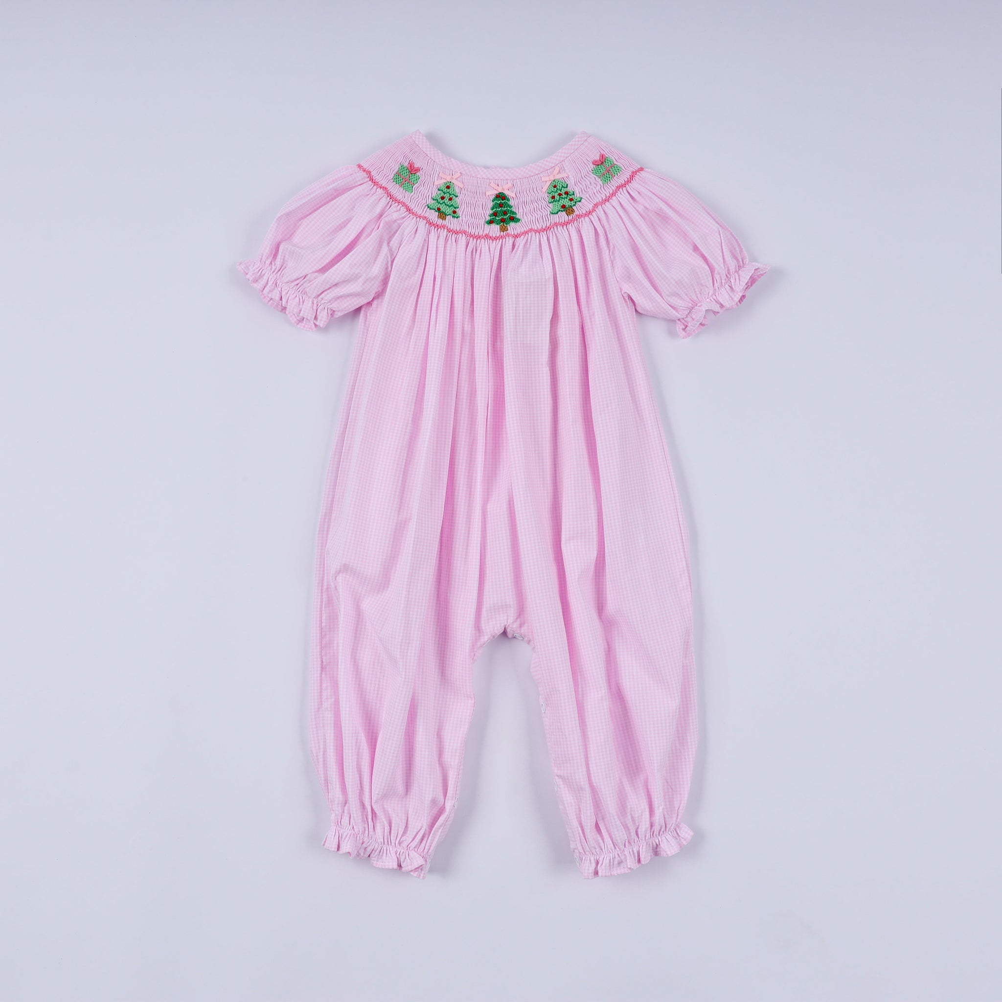 Pink christmas tree hand smocked ruffle romper