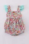 Pink floral print bubble romper with ruffled sleeves, perfect for spring outings.