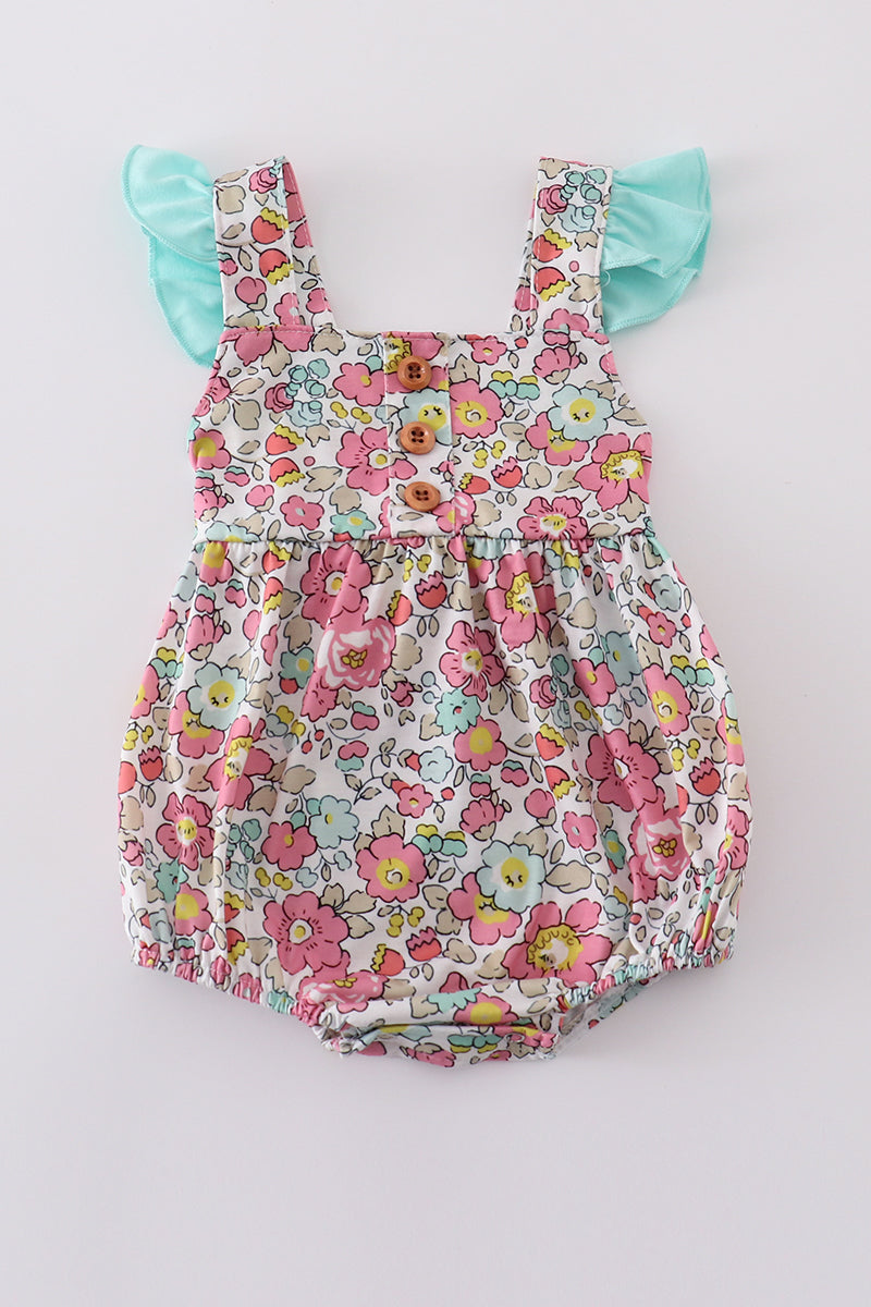 Pink floral print bubble romper with ruffled sleeves, perfect for spring outings.
