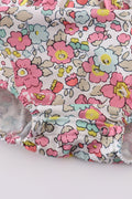 Pink floral print bubble romper with ruffled sleeves, perfect for spring outings.