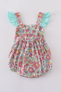Pink floral print bubble romper with ruffled sleeves, perfect for spring outings.