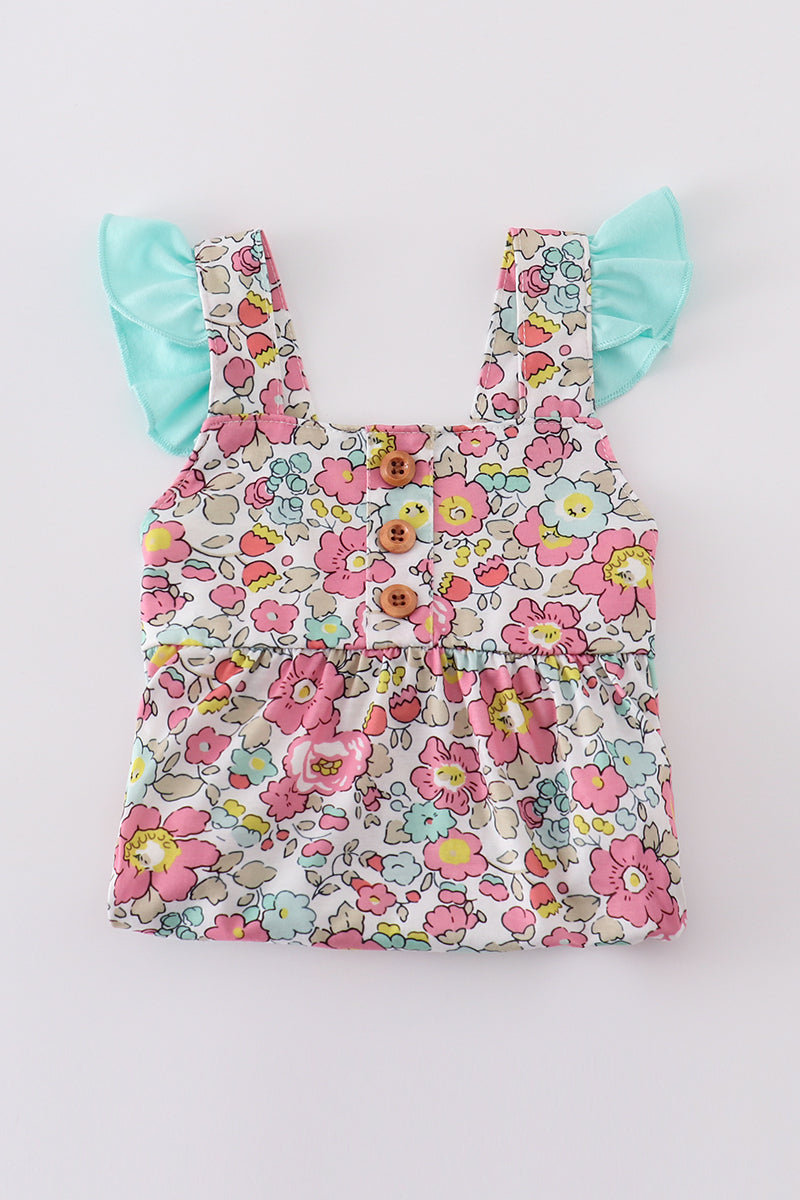 Pink floral print bubble romper with ruffled sleeves, perfect for spring outings.