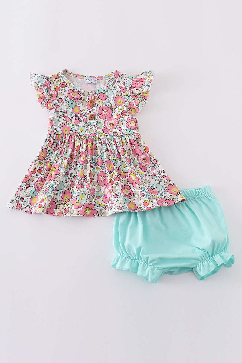 Pink floral print bloomer set with ruffled sleeves, perfect for sunny days.