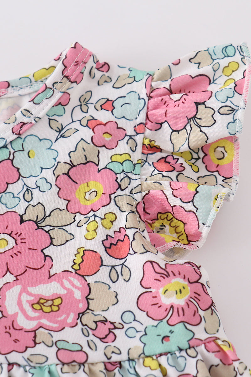 Pink floral print bloomer set with ruffled sleeves, perfect for sunny days.