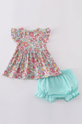 Pink floral print bloomer set with ruffled sleeves, perfect for sunny days.