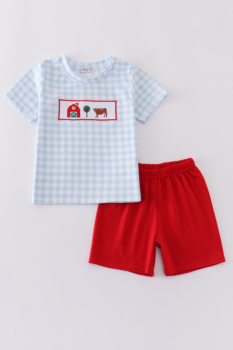 Blue gingham set with charming farm embroidery, perfect for playful adventures.