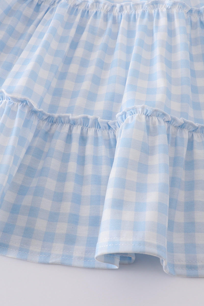 A charming blue tiered dress with playful farm-themed embroidery, perfect for kids.