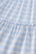A charming blue tiered dress with playful farm-themed embroidery, perfect for kids.