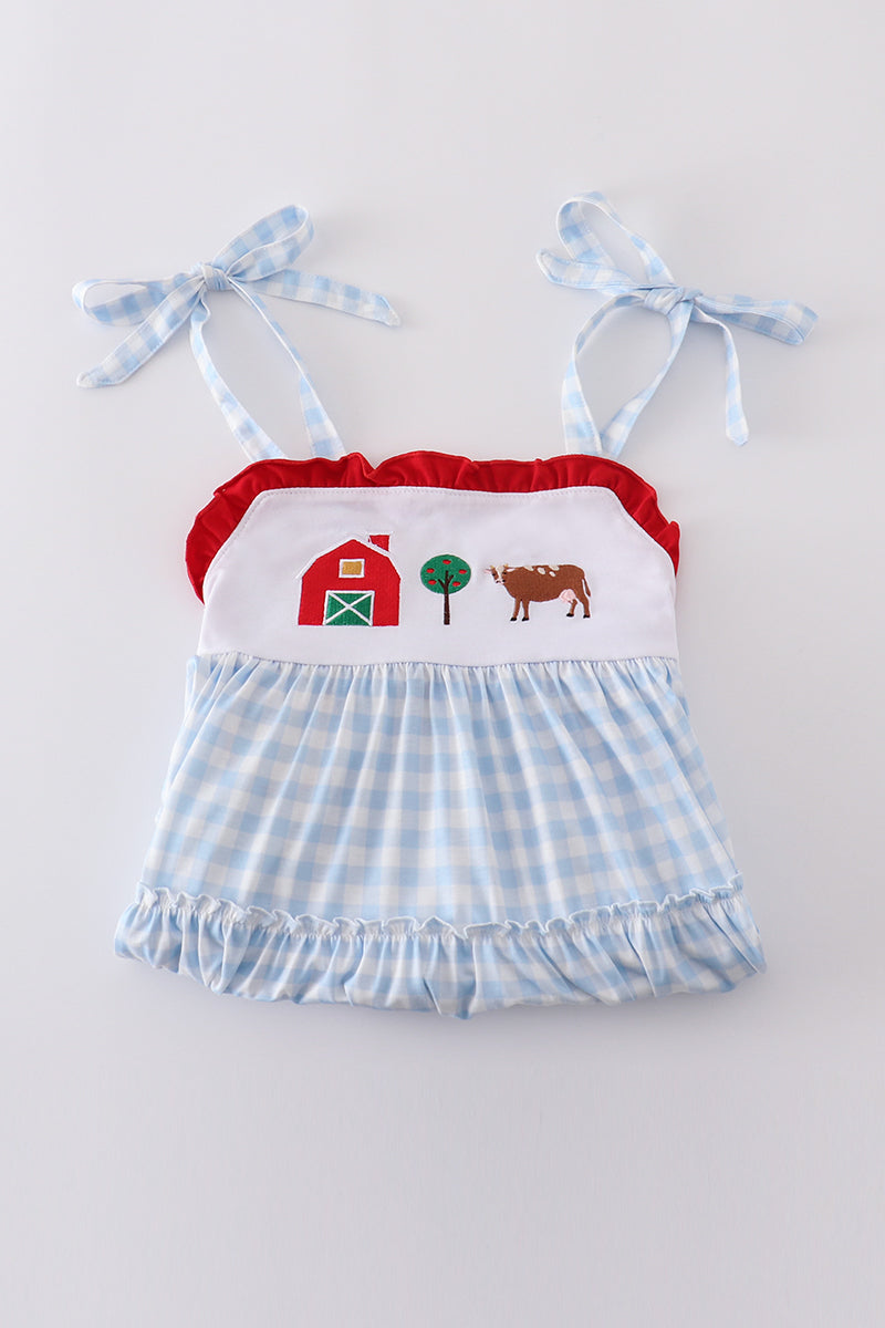 A charming blue tiered dress with playful farm-themed embroidery, perfect for kids.