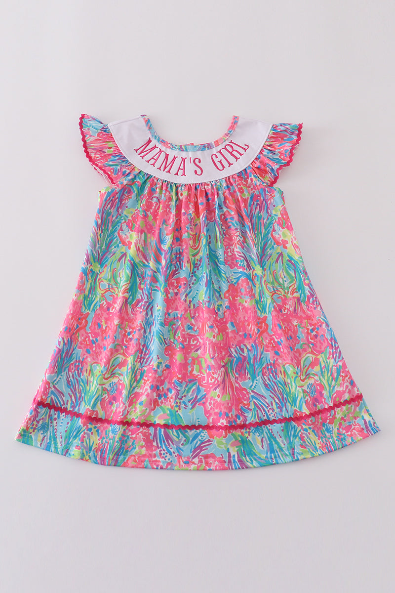 Bright neon reef MAMA'S embroidery dress with playful ocean-themed patterns.