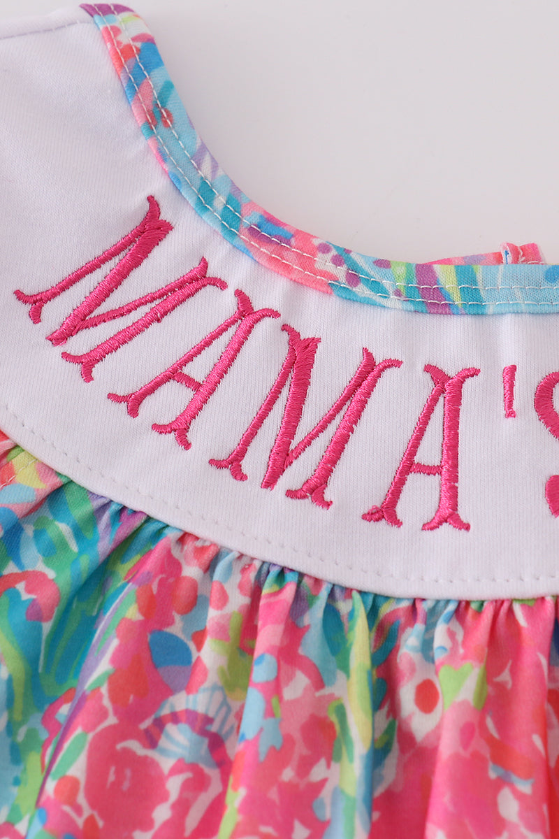 Bright neon reef MAMA'S embroidery dress with playful ocean-themed patterns.